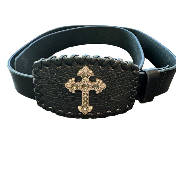 Vintage Y2K Black Leather Cross Belt Rhinestones Unisex Large 36-38 - Picture 2 of 5